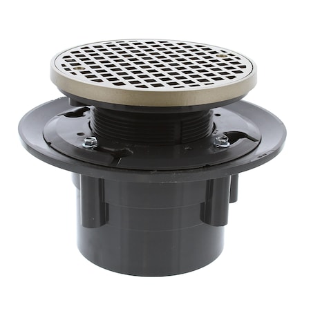 Jones Stephens 4in. Heavy Duty PVC Drain Base with 3-1/2in. Plastic Spud and 6in. Nickel Bronze Strainer with Ring D49245